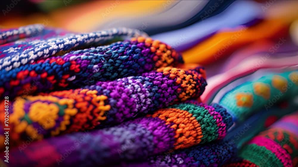 Closeup of vibrant handwoven textiles used to create a Peruvian traditional poncho. Closeup of vibrant handwoven textiles used to create a Peruvian traditional poncho.
