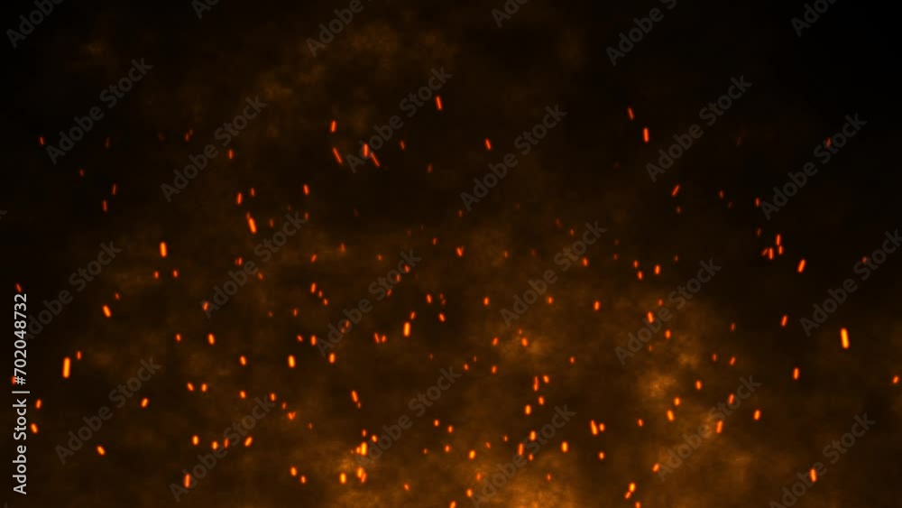 3D animation motion flames fiery hot ember sparks firework glow flying burning particles on black background visual effect 4K orange red