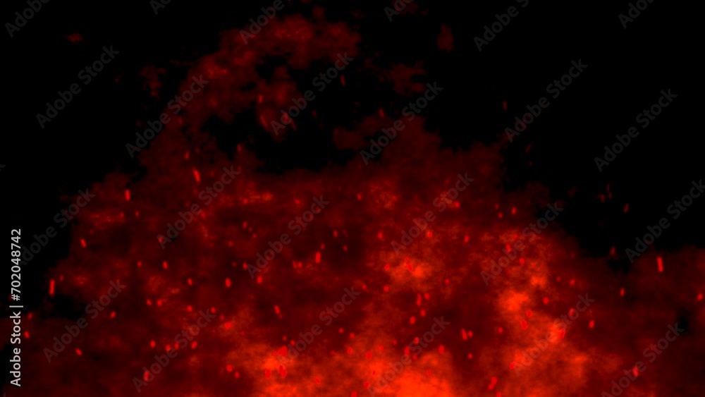 3D animation motion flames fiery hot ember sparks firework glow flying burning particles on black background visual effect 4K red lava