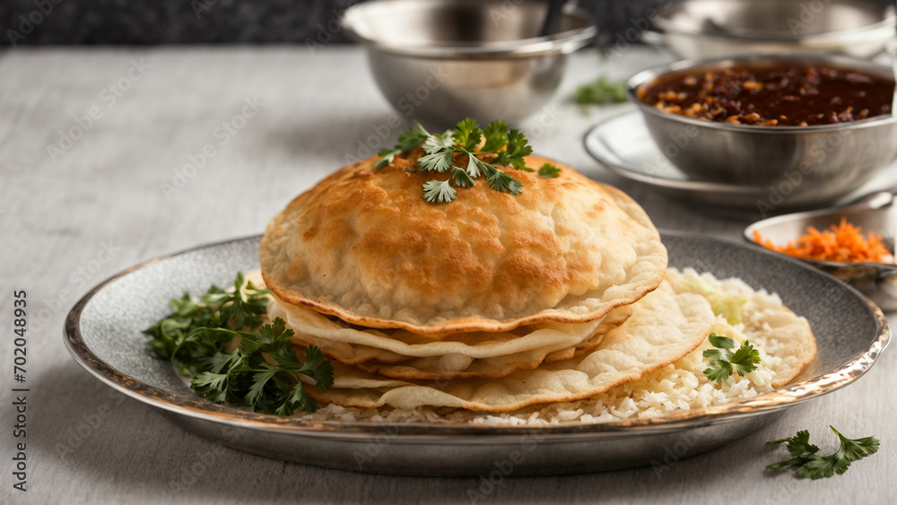 Bhature as a delectable Indian delicacy Place the beautifully plated Bhature on a pristine white background to showcase the dish's culinary finesse Bhature as a delectable Indian delicacy Place the beautifully plated Bhature on a pristine white background to showcase the dish's culinary finesse
