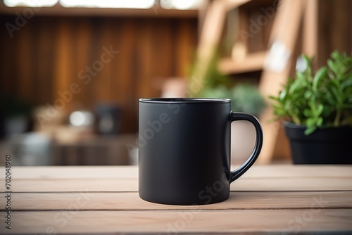 Close up photo of black mug on wooden table  indoor summer background