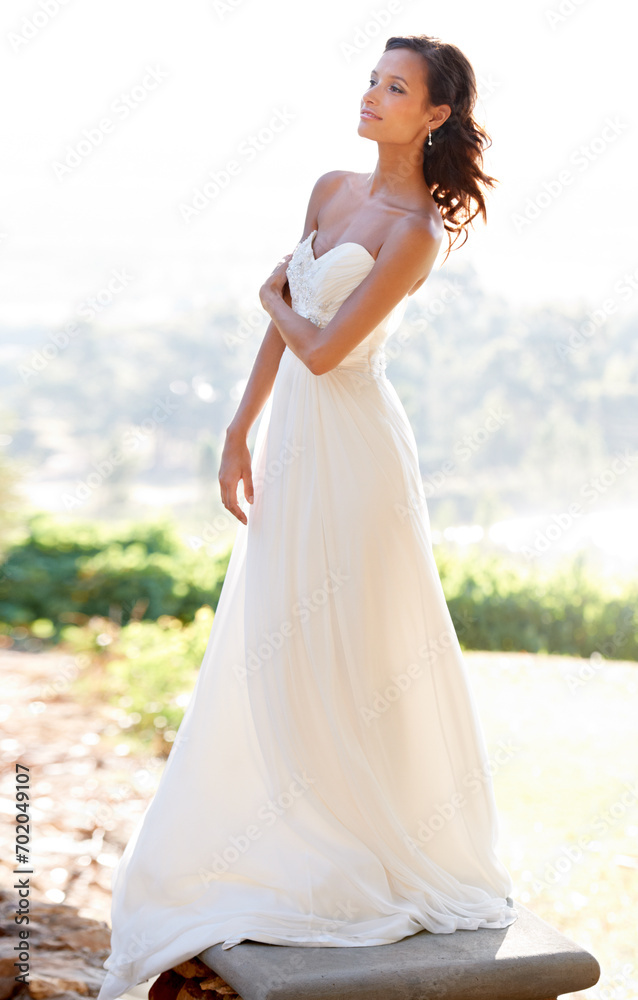 Park, bride or woman thinking of wedding space for outdoor celebration or ceremony event in summer. Marriage, elegant style or lady in bridal garment for commitment, love or fashion in park or garden Park, bride or woman thinking of wedding space for outdoor celebration or ceremony event in summer. Marriage, elegant style or lady in bridal garment for commitment, love or fashion in park or garden
