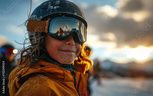 boy skier with friends with Ski goggles and Ski helmet on the snow mountain © hakule