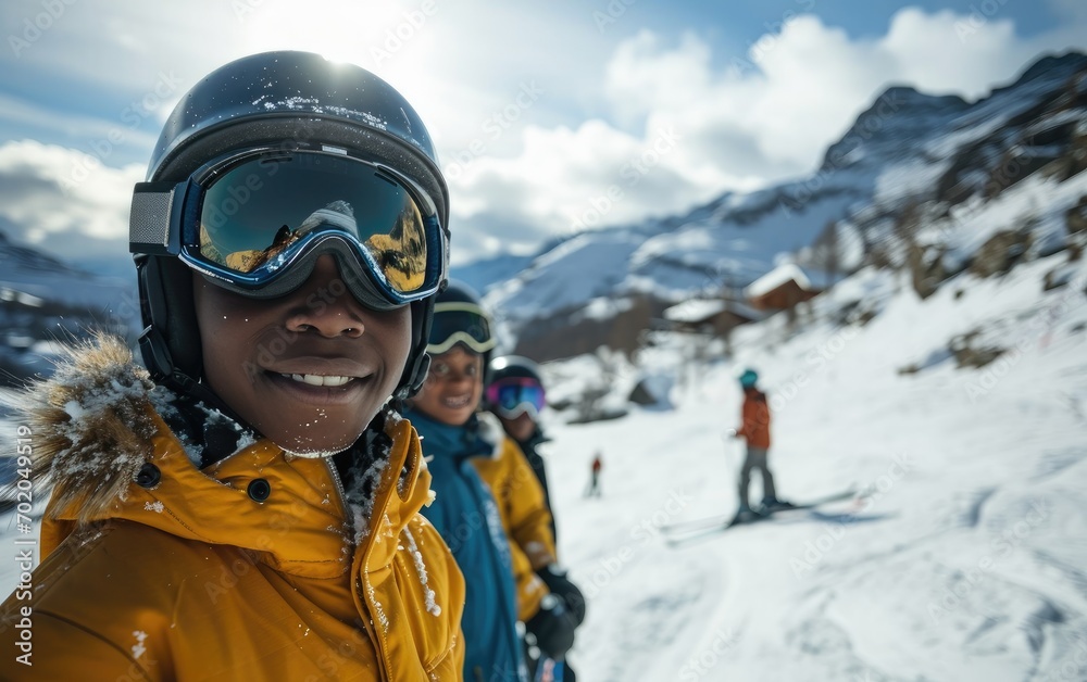 boy skier with friends with Ski goggles and Ski helmet on the snow mountain