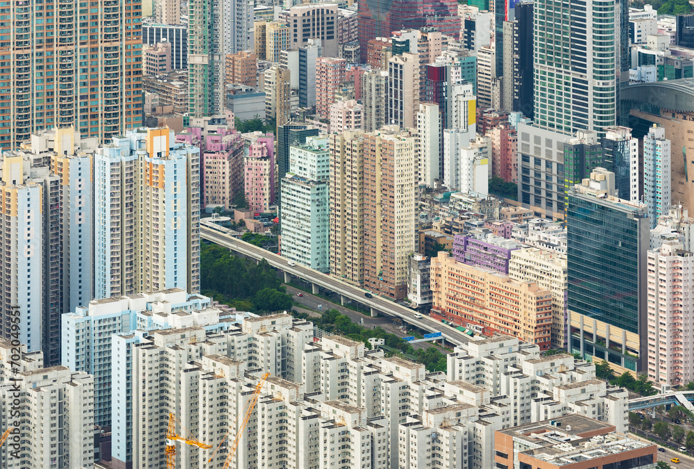 Naklejka premium Aerial view of downtown district of Hong Kong City