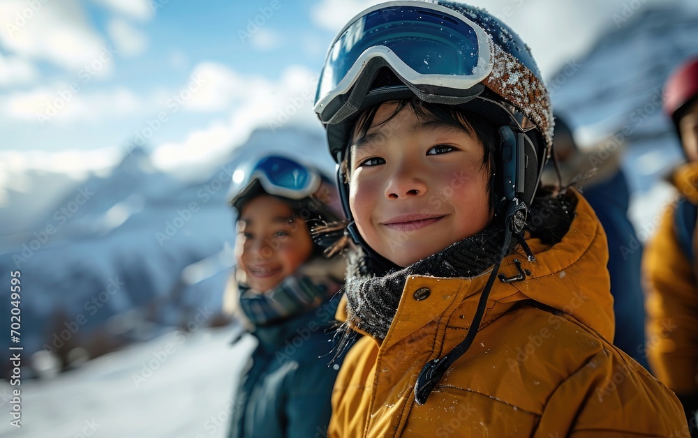 boy skier with friends with Ski goggles and Ski helmet on the snow mountain boy skier with friends with Ski goggles and Ski helmet on the snow mountain