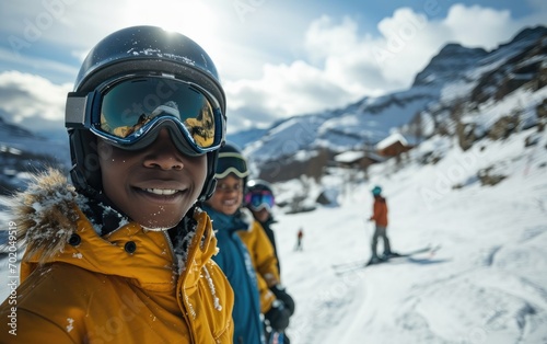 boy skier with friends with Ski goggles and Ski helmet on the snow mountain