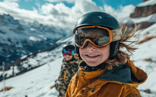 boy skier with friends with Ski goggles and Ski helmet on the snow mountain © hakule
