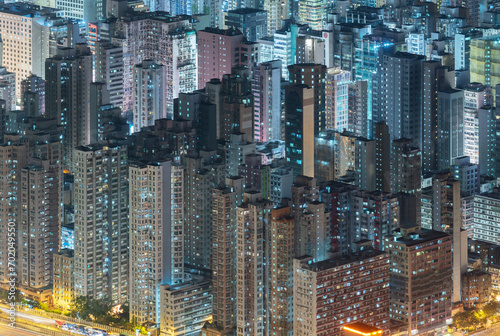 Night scenery of aerial view of downtown district of Hong Kong city