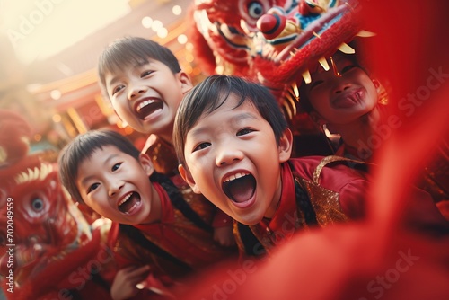 Happy Asian Kids Celebrating Chinese New Year Outdoors