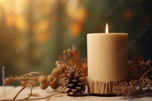 Yellow candle light burn with dry leaves, summer theme