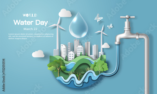 World Water Day, water comes from the faucet to provide water for the city's residents, paper illustration and 3d paper.