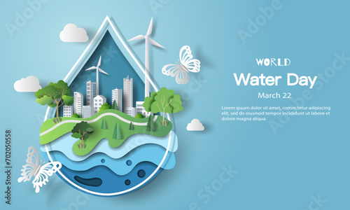 World Water Day, save water, a water drop a city inside. Paper illustration and 3d paper.