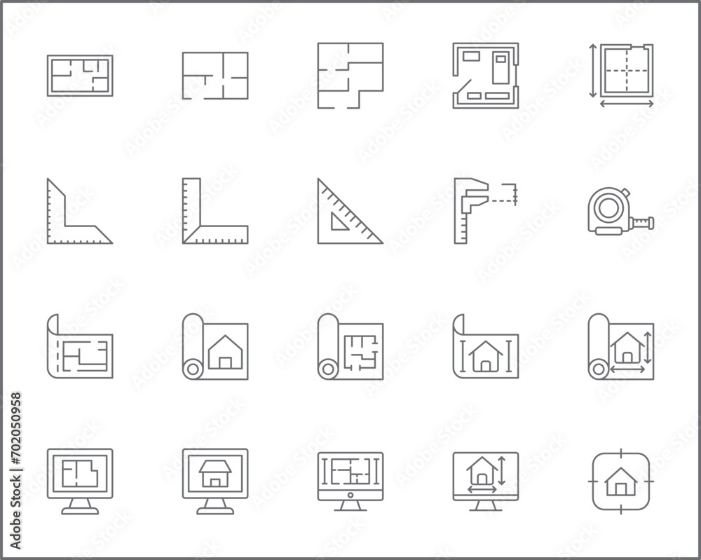 Set of architecture and construction icons line style. It contains such Icons as interior, real estate, building, house, plans, design, build, tool and other elements.