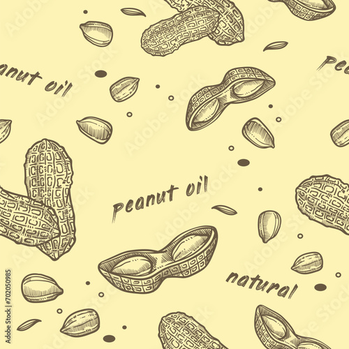 Peanut oil, natural nut in shell, seamless pattern