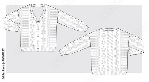 Oversize Knitted cardigan v-neck with braids. Technical scketch. Vector illustration.