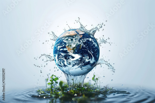 A close-up photo of a water droplet with a reflection of a planet in the middle. Suitable for science, space, environment, World Water Day concept , Ecology concept.blue clean water