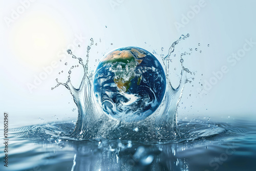 A close-up photo of a water droplet with a reflection of a planet in the middle. Suitable for science  space  environment  World Water Day concept    Ecology concept.blue clean water
