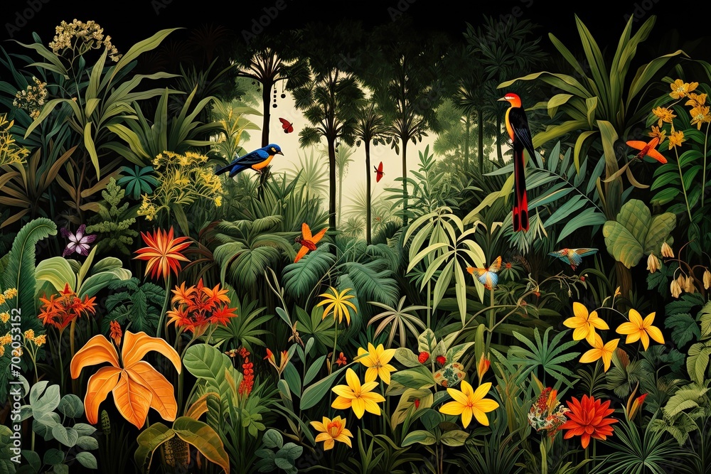 Tropical forest with wild flowers and birds - illustration for children, AI Generated