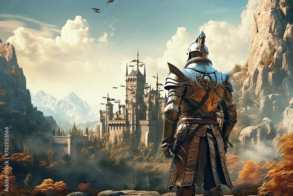 Medieval knight in armor against the backdrop of a fantasy castle, AI Generated
