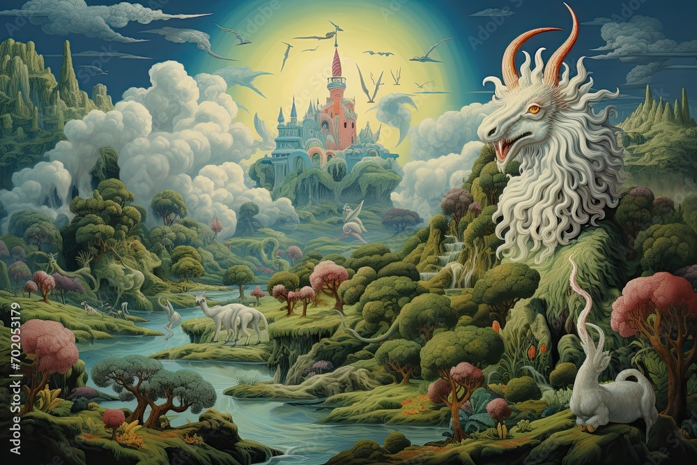 Obraz na płótnie Fantasy scene with dragon and other animals. 3D illustration, AI Generated w salonie