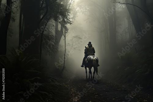 Silhouette of a rider on a horse in the foggy forest, AI Generated © Iftikhar alam
