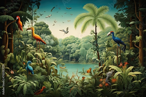 Fototapeta Naklejka Na Ścianę i Meble -  Tropical jungle with birds in the background - illustration for children, AI Generated
