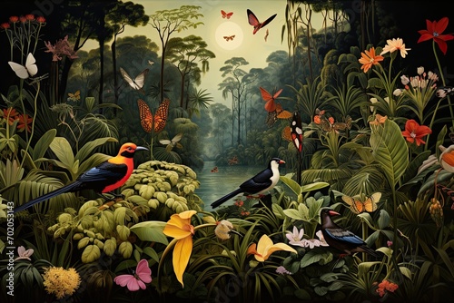 Fototapeta Naklejka Na Ścianę i Meble -  Tropical jungle background with exotic birds and butterflies. 3d rendering, AI Generated
