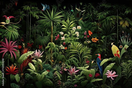 Fototapeta Naklejka Na Ścianę i Meble -  Beautiful tropical flowers and birds in the jungle. Illustration, AI Generated