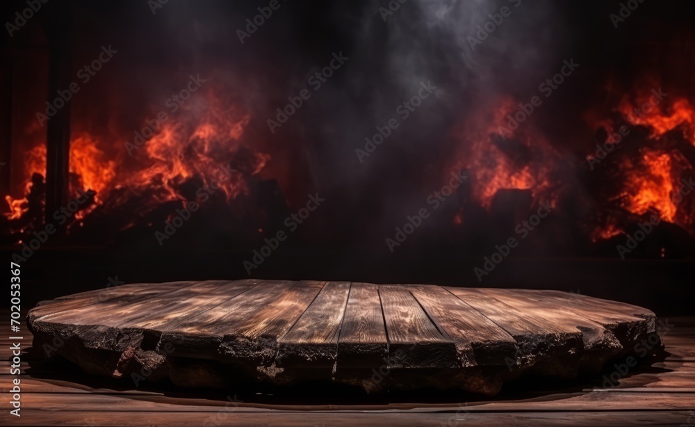 Wooden floor with fire backdrop for product display