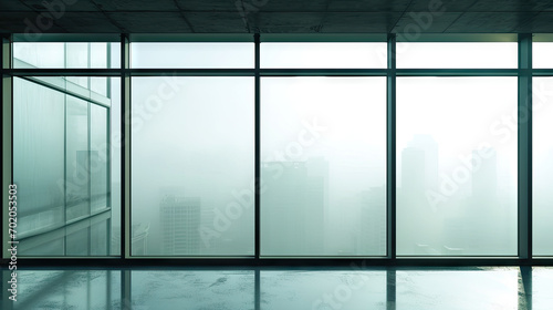 A view of a city from a large window with mist foggy view  suitable for use as background or concept art in urban and architectural design projects  real estate marketing  or travel-related materials.