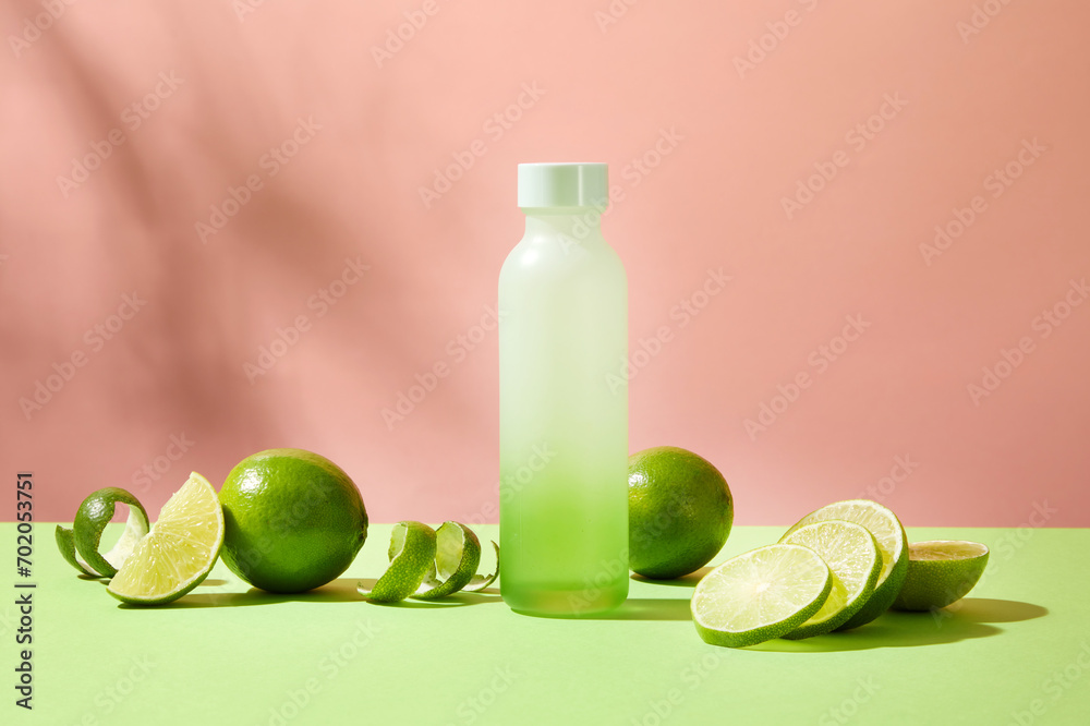 Front view of a bottle of detox water placed next to fresh lemons and lime slices on a green surface with a pink background. Detox with natural ingredients. Front view of a bottle of detox water placed next to fresh lemons and lime slices on a green surface with a pink background. Detox with natural ingredients.