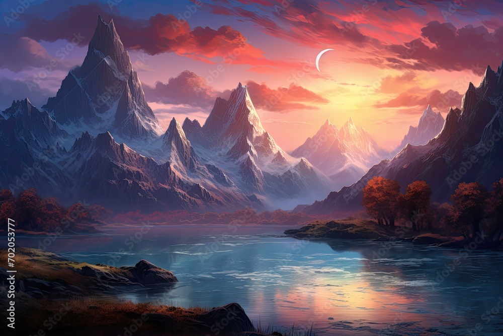 Fototapeta premium Fantasy landscape with mountains and lake at sunset. Digital painting, AI Generated