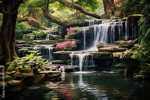 Beautiful waterfall in the tropical garden  Thailand. Vintage tone  AI Generated