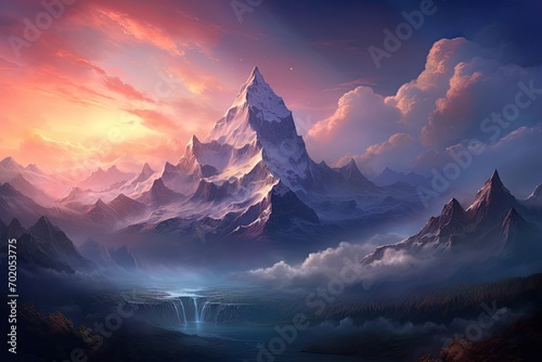 Fantasy landscape with mountains and lake. Artistic digital painting, AI Generated