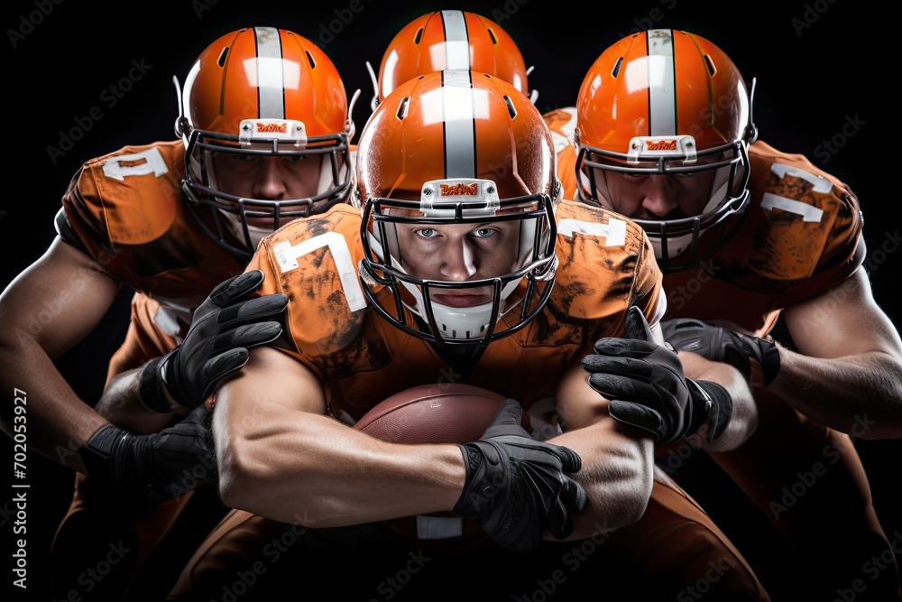 Portrait of three american football players holding ball against black background, AI Generated