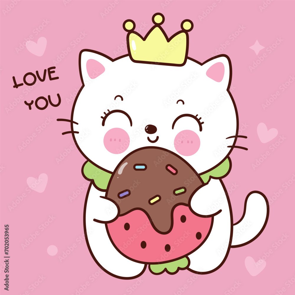 Valentine cat cute cartoon hug sweet strawberry (kitten playing). Series: love festival kawaii animals character. Valentine cat cute cartoon hug sweet strawberry (kitten playing). Series: love festival kawaii animals character.