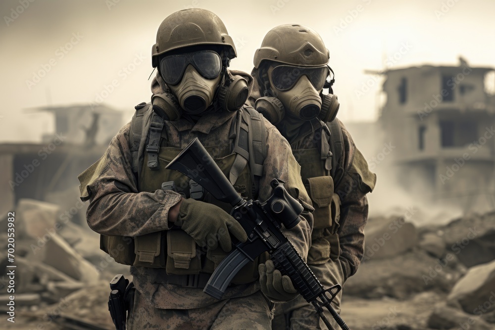 Two soldiers in gas masks and helmets are standing in front of a destroyed building, AI Generated Two soldiers in gas masks and helmets are standing in front of a destroyed building, AI Generated