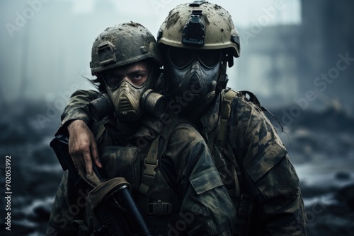 United States Navy special forces soldiers in action. Smoke and fog on the background, AI Generated