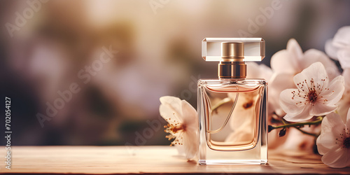 Perfume cosmetics bottle gold  Blooming floral aroma.
