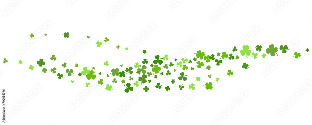 St. Patrick Day shamrock clover background. Wavy vector border with flying green leaves for posters banners and greeting cards. St. Patrick Day shamrock clover background. Wavy vector border with flying green leaves for posters banners and greeting cards.