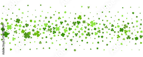 Shamrock clover background. St. Patrick day green leaves border. Celtic spring party design. Floral flying confetti for banner and poster. Vector