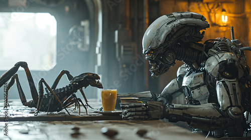 Futuristic aliens or monsters with tentacles. Scene of science fiction space invaders galaxy monsters, extraterrestrial species. Sci-fi galactic life concept.