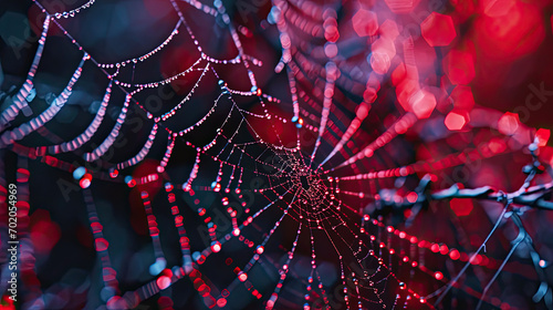 a  spider web with red lights on dark background, spider web with dew photo