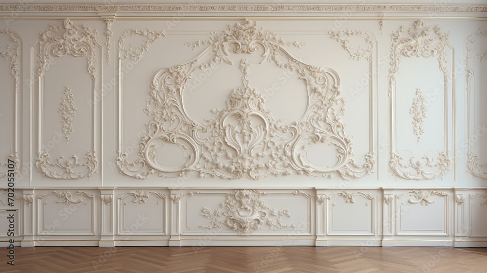 Luxury white wall design bas-relief with stucco mouldings roccoco element - obrazy, fototapety, plakaty 