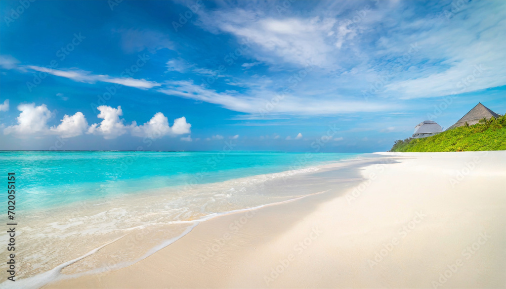 Beautiful sandy beach with white sand and rolling calm wave of turquoise ocean on Sunny day on background white clouds in blue sky. Island in Maldives, colorful perfect panoramic natural landscape ; 