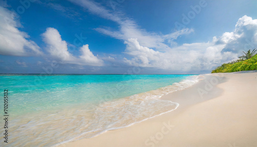 Fototapeta Naklejka Na Ścianę i Meble -  Beautiful sandy beach with white sand and rolling calm wave of turquoise ocean on Sunny day on background white clouds in blue sky. Island in Maldives, colorful perfect panoramic natural landscape ; 