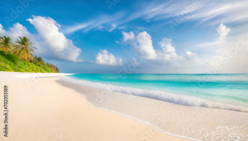 Beautiful sandy beach with white sand and rolling calm wave of turquoise ocean on Sunny day on background white clouds in blue sky. Island in Maldives, colorful perfect panoramic natural landscape    © New2023