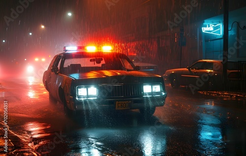 Nightmare Patrol - Antique Police Car Roaming a Rainy Night in Horror-Inspired Style