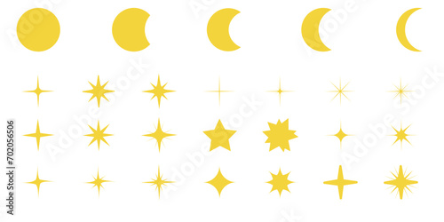  Set of star and moon elements of various shapes. Vector sparkling stars and moons. 